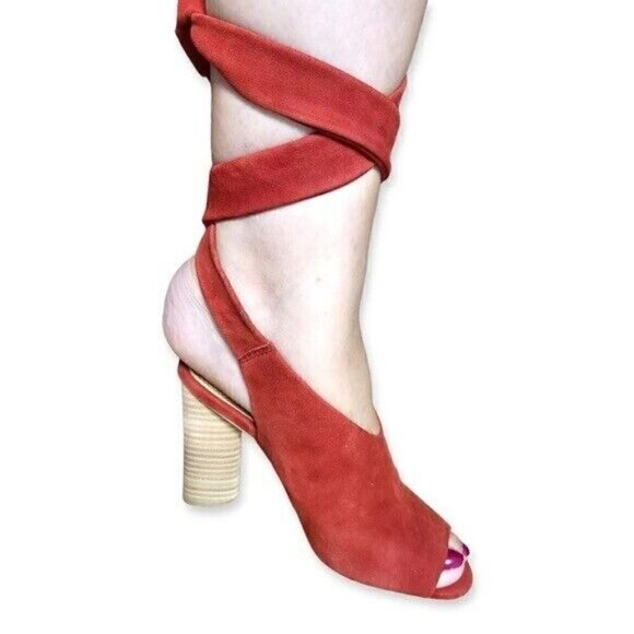 Splendid Navarro Red Suede Ankle Lace Up Peep Toe Wrap Suede Heeled Sandals 7.5 - Picture 11 of 12